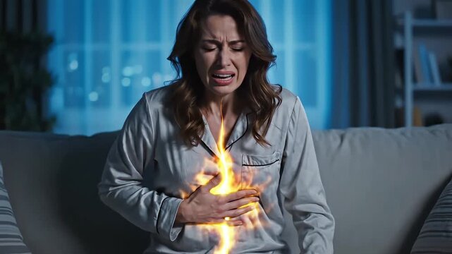 A woman in pajamas experiencing severe acid reflux or heartburn at night.