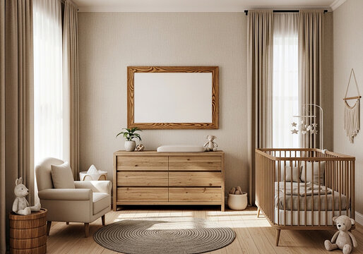 Farmhouse nursery with blank wooden frame and soft beige decor.