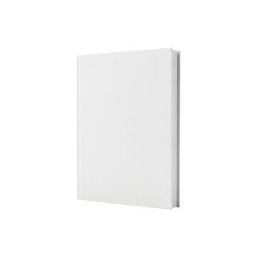 A single white paperback notebook standing vertically on its spine edge with a matte blank cover in a seamless studio environment minimalist design concept