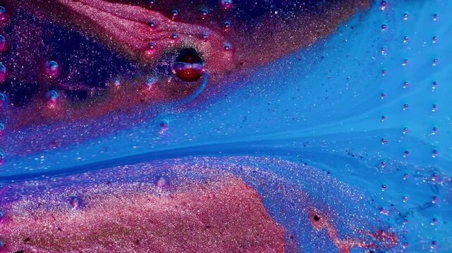 Marble ink leaking. Electronic technology. Defocused blue pink purple colorful shiny round water bright texture microchip fluid on abstract background.