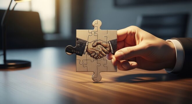 Handshake Puzzle Piece Symbolizing Partnership and Collaboration in Business.
