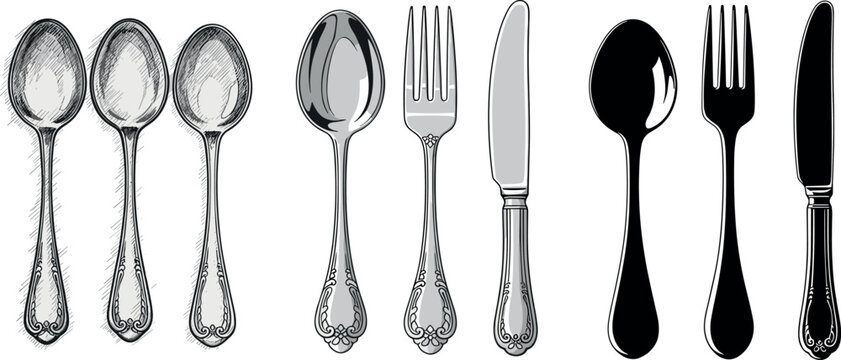 Vintage cutlery set with engraved spoons, fork and knife, hand drawn and silhouette silverware collection