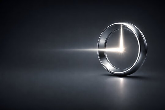 Futuristic chrome ring with glowing light beam resembling clock hands on dark minimalist background