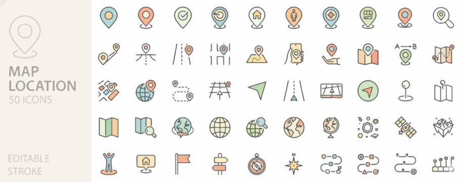 Map Location Icons Set - Editable Stroke, Featuring Navigation, GPS, Directions, and Travel Icons for Various Applications