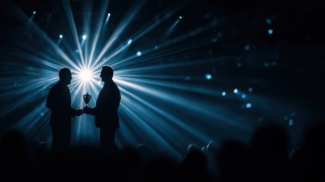 Two silhouetted people exchange a trophy on stage with dramatic spotlight rays and a dark background.