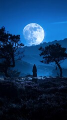 Fototapeta premium Mysterious Figure Under a Luminous Full Moon in a Dark Forest Landscape.