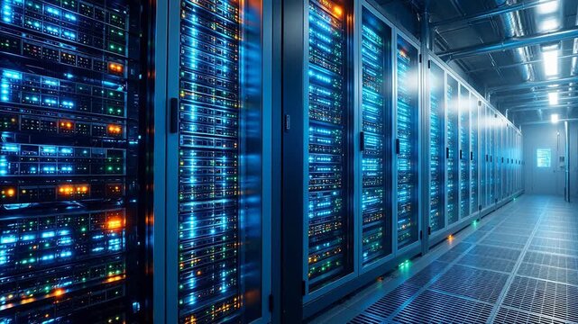 Rows of server racks in a data center for Digital Transformation and Cyber Infrastructure