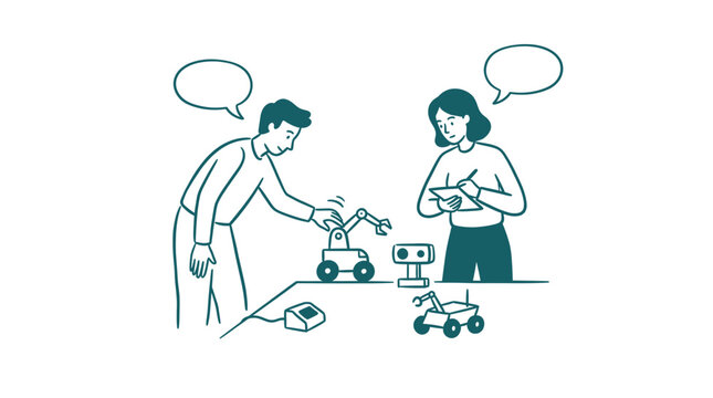 Two engineers testing and documenting robotic prototypes in a laboratory setting with speech bubbles indicating technical discussion and scientific observation.