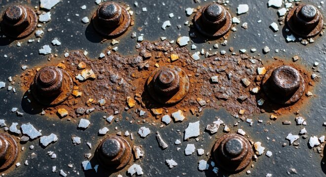 Rusted metal bolts and nuts scattered on deteriorated surface with corrosion