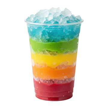Vibrant rainbow layered fruit sorbet in a clear plastic cup with sparkling ice crystals and soft textures on a transparent background, refreshing summer atmosphere