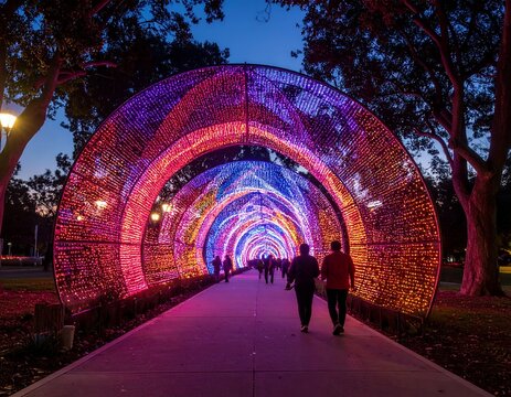 People walking through a vibrant, illuminated tunnel at night, creating a mesmerizing light show and an immersive experience.