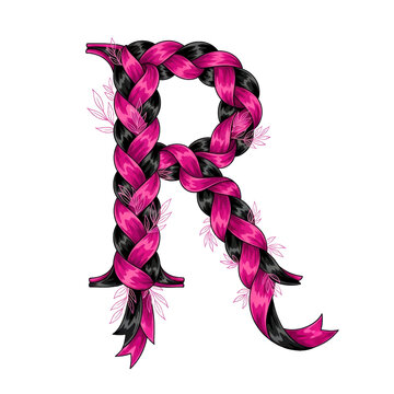 Letter R stylized as a braid with pink and black ribbons and leaves