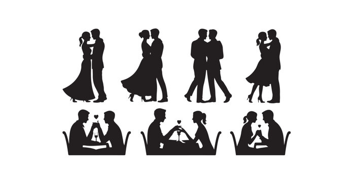 Couple enjoying romantic dinner and dancing silhouettes for love celebrations.