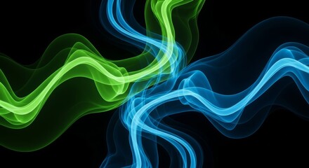 Fototapeta premium A mesmerizing digital artwork featuring vibrant neon green and electric blue vapor flowing through a dark space with intricate details, glow, wallpaper, brilliance