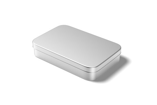 Silver rectangular tin container mockup with closed lid isolated, 3D Illustration