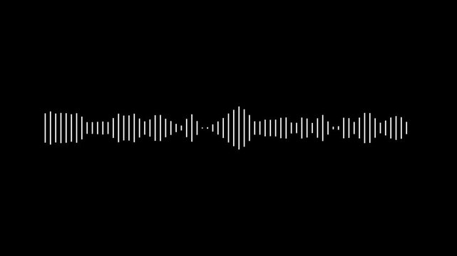 Audio bar, spectrum form white video footage of audio visualizer on black background.Sound wave icon, podcast player interface, music symbol.Sound line graph.