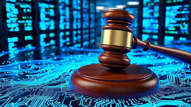 Judges gavel on digital circuit board for Digital Transformation and Cyber Infrastructure