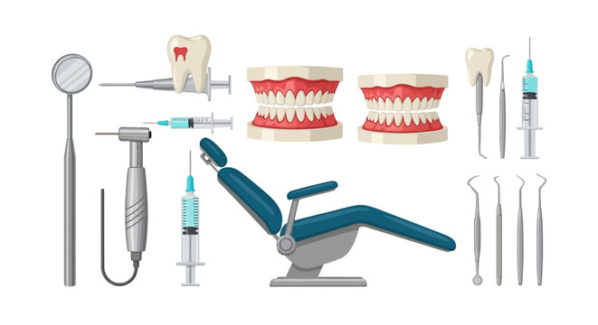 Vector Illustration Set of Dental Tools and Clinic Equipment.