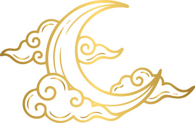 Fototapeta premium Golden dreamy hand-drawn cloud and crescent moon with stars