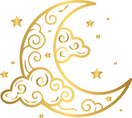 Naklejka premium Golden dreamy hand-drawn cloud and crescent moon with stars
