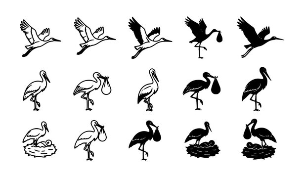 Stork family delivering baby in bundle vector graphics set on white background