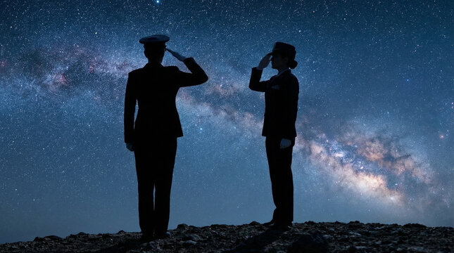 Silhouette of two people in uniform saluting under a starry night sky, with the Milky Way galaxy vividly stretching across the horizon, salute