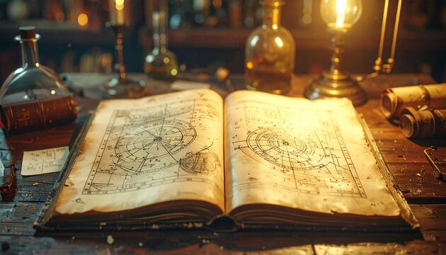 Ancient open book with old maps and mysterious symbols on a wooden table in a dimly lit room, surrounded by vintage bottles and scrolls, evoking a sense of historical discovery and arcane knowledge.