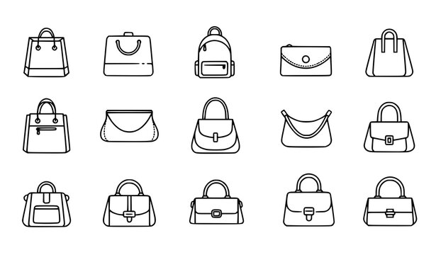 Fashion women bag icon set vector with shopper backpack clutch editable stroke outline pictogram collection