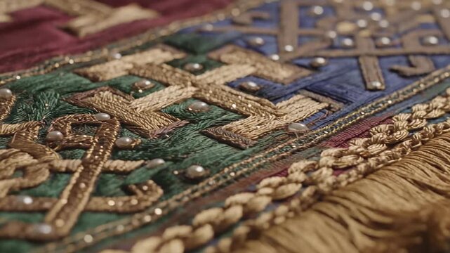 Intricate textile detail with rich gold embroidery and pearl embellishments on deep jewel-toned fabrics, decorative pattern element, luxury craft