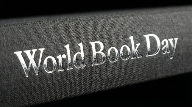 Close-up of World Book Day text embossed in silver on dark fabric cover, highlighting global literary celebration, with textured detail on black background