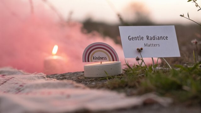 Gentle Radiance and Kindness Candle Surrounded by Soft Pink Smoke on a Calm Outdoor Evening Setting