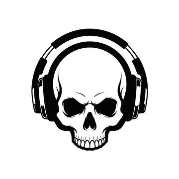 Black and white illustration of an angry human skull wearing large headphones, a symbol of music and rebellion.