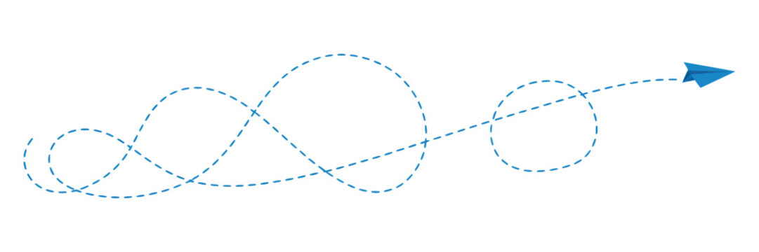 Paper plane blue dotted path, flying paper airplane vector illustration isolated on white background, EPS 10 clean minimal design.