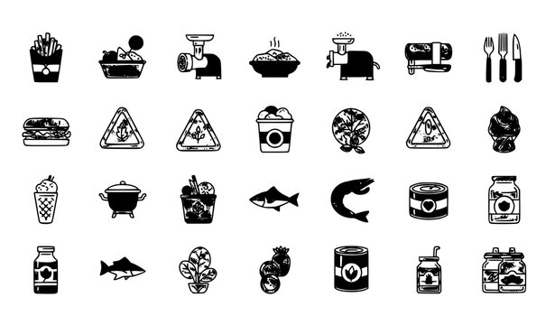 Modern food stroke icon set vector with fast food healthy eating cooking and safety symbols