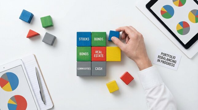Financial portfolio rebalancing concept with wooden blocks, investment diversification strategy, asset allocation for stocks bonds and real estate
