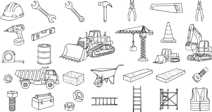 Construction Tools and Equipment Black  White Line Art Set: Hand-Drawn Sketch Collection of Building Machinery, Gear, and Safety Icons