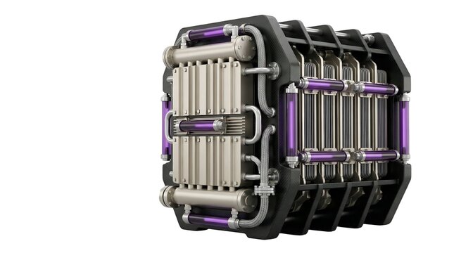 Industrial 3D render of a PEMFC fuel cell stack on white background