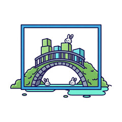Fototapeta premium Cute bunnies on a bridge with cartoon buildings
