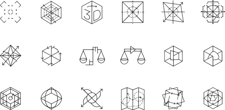 3D Geometric Shapes and Architectural Modeling Line Icon Set