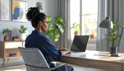 Fototapeta premium Focused young woman working on laptop at home office desk.