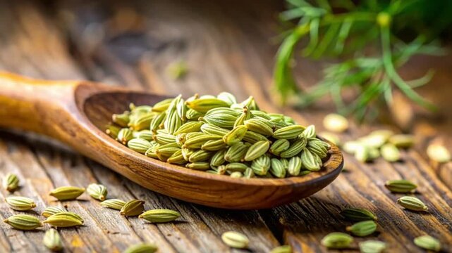 Fresh green fennel seeds in wooden spoon on rustic table
