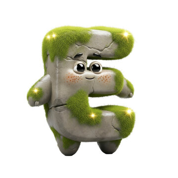 Cute mossy letter E with face and sparkles