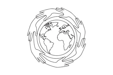 Obraz premium Minimalist globe in human hands vector for global care and unity.