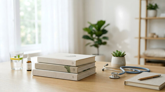 Calm healthcare professional's desk with stethoscope, natural remedies, books, and plants, representing holistic study and wellness
