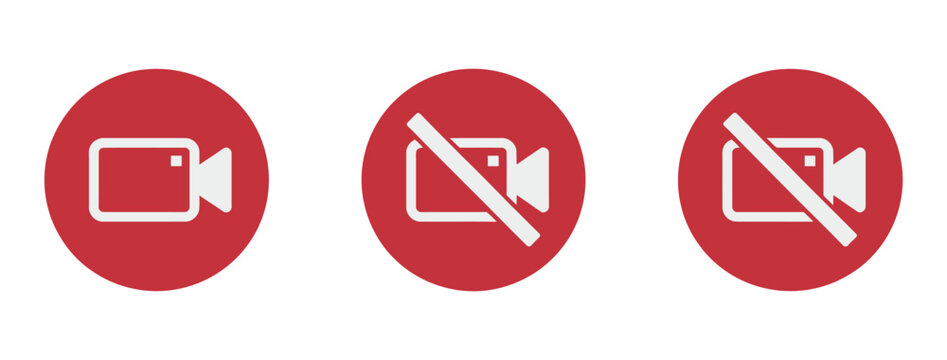 Camera no video outline icon, red circle webcam recording restriction symbol vector illustration isolated on white background, clean minimal design.