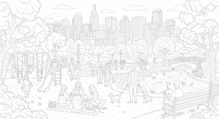 Fototapeta premium Detailed line art of a lively urban park with families, children playing, picnic, and city skyline. Outdoor recreation illustration.