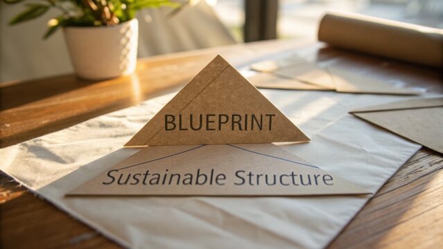 Detailed Blueprint of Sustainable Structure with Text and Natural Lighting on Wooden Table