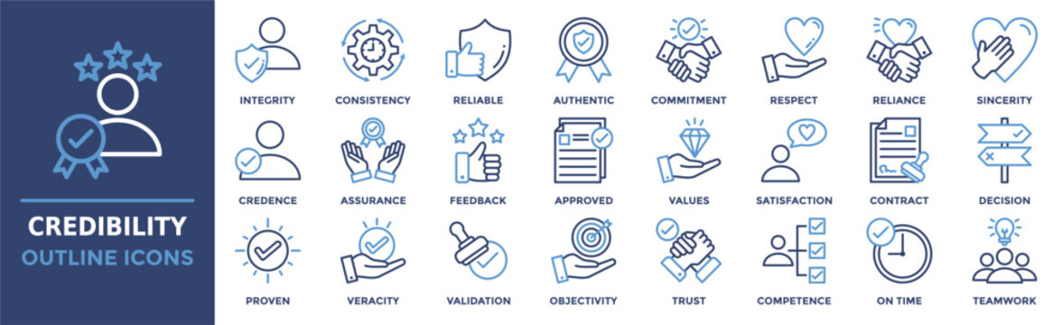 Credibility icon collection set. Containing integrity, consistency, reliable, authentic, commitment, respect, reliance and more. Outline vector icons collection