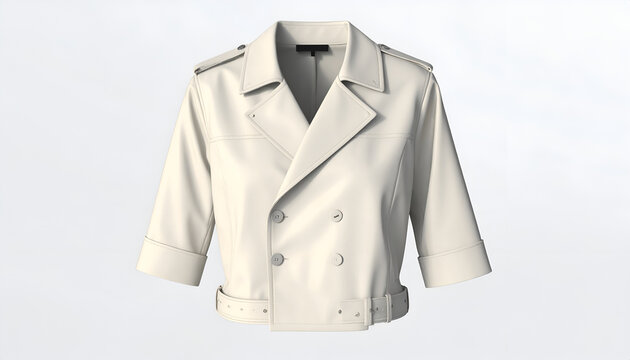 Cream-colored, double-breasted jacket with short sleeves, side belts, and epaulettes