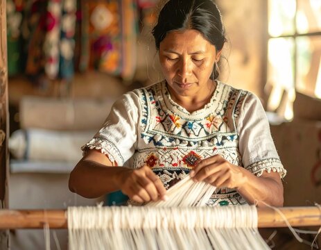 Indigenous woman weaving traditional textiles on a loom, showcasing cultural heritage and craftsmanship.